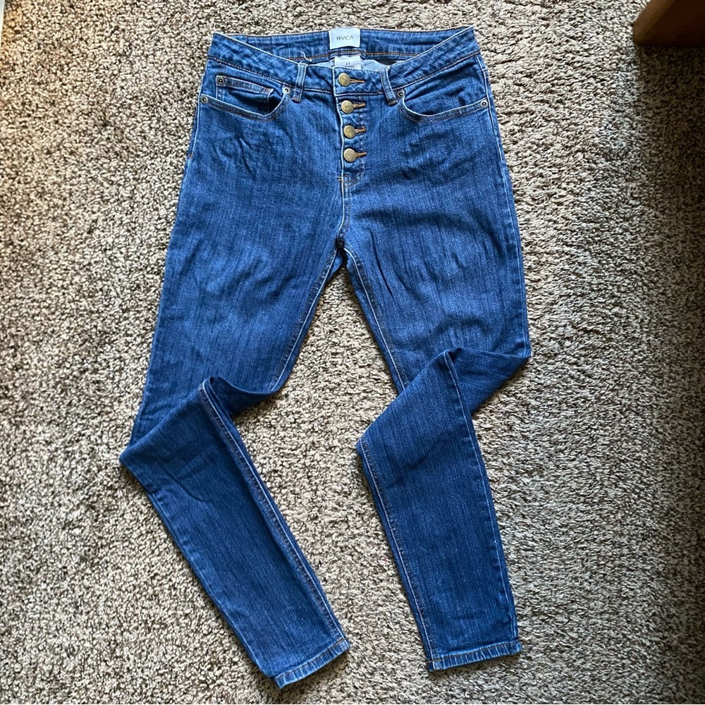 RVCA Mid Skinny Crop Jeans Button Fly Size 24 Medium Wash Blue WCDP02DA, A14